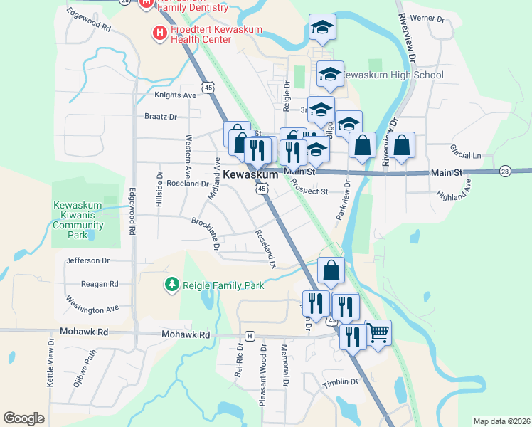 map of restaurants, bars, coffee shops, grocery stores, and more near 1225 Fond Du Lac Avenue in Kewaskum