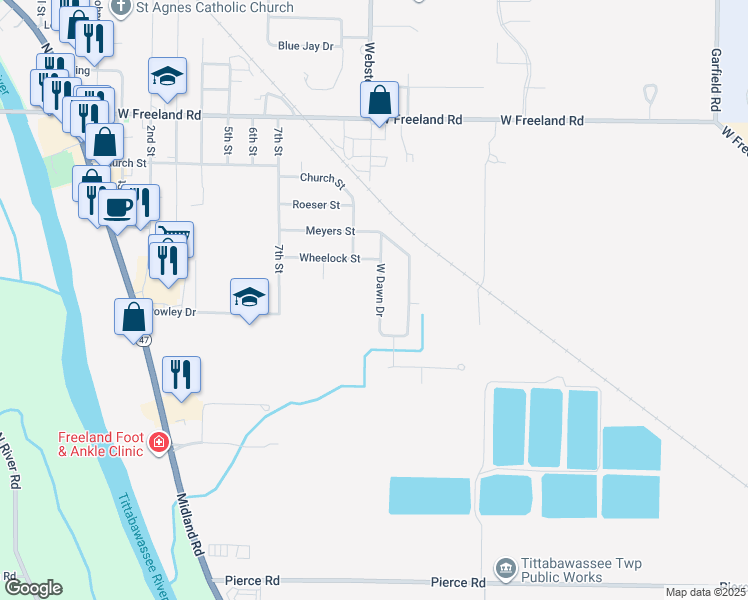 map of restaurants, bars, coffee shops, grocery stores, and more near 531 West Dawn Drive in Freeland