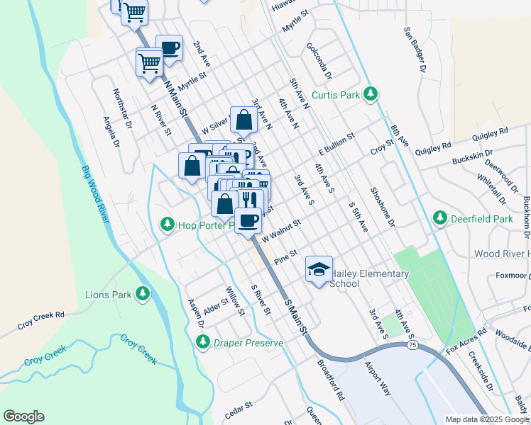 map of restaurants, bars, coffee shops, grocery stores, and more near 1 Croy Street in Hailey
