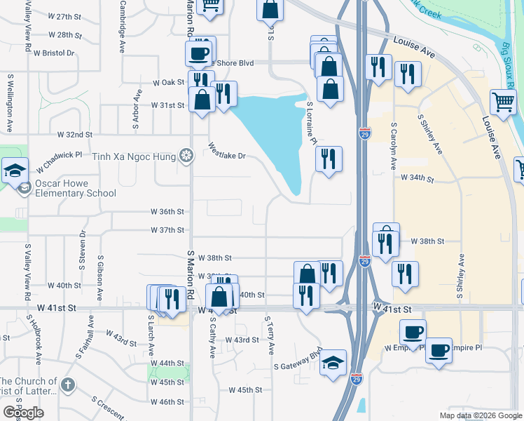 map of restaurants, bars, coffee shops, grocery stores, and more near 2745 Westlake Drive in Sioux Falls