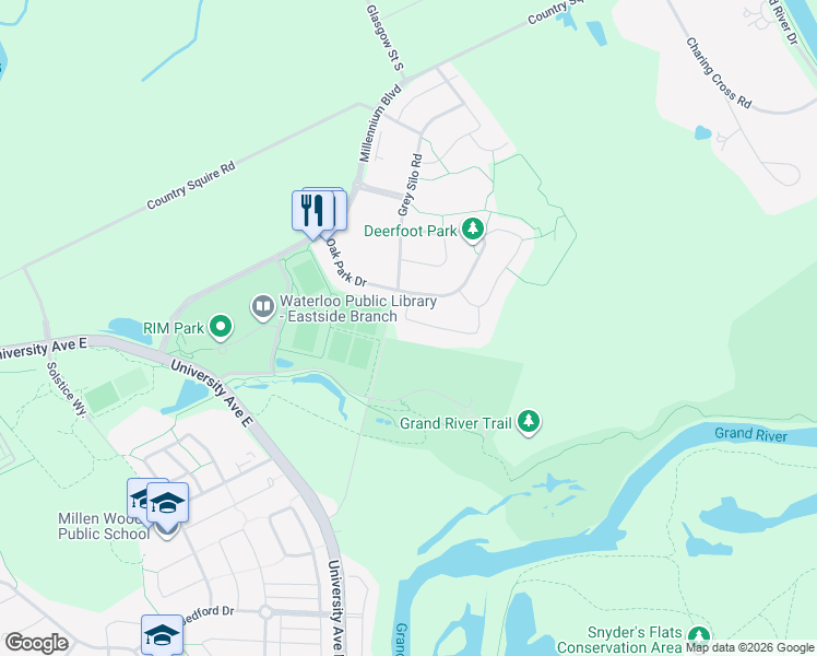map of restaurants, bars, coffee shops, grocery stores, and more near 266 Chestnut Ridge in Waterloo