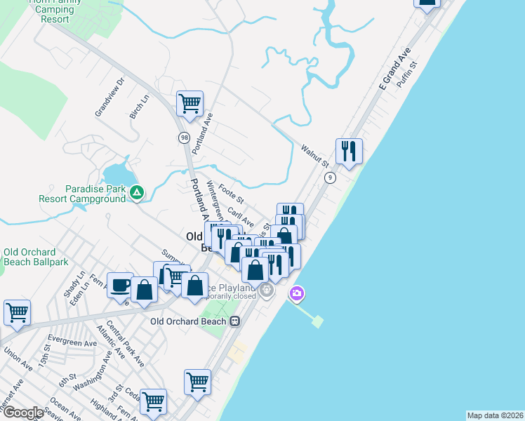 map of restaurants, bars, coffee shops, grocery stores, and more near 4 Foote Street in Old Orchard Beach