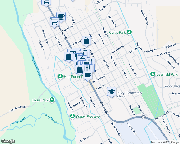 map of restaurants, bars, coffee shops, grocery stores, and more near 1 Croy Street in Hailey