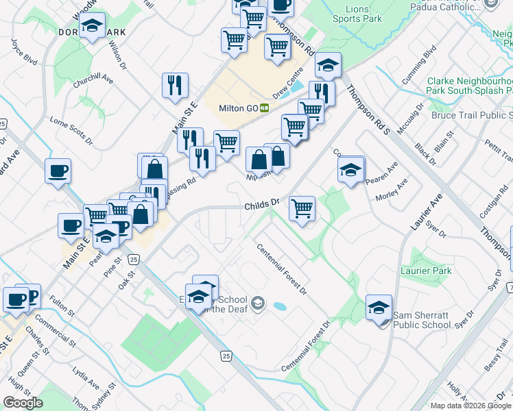 map of restaurants, bars, coffee shops, grocery stores, and more near Childs Drive in Milton