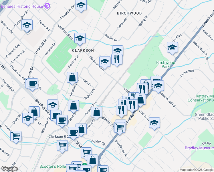 map of restaurants, bars, coffee shops, grocery stores, and more near 1807 Balsam Avenue in Mississauga