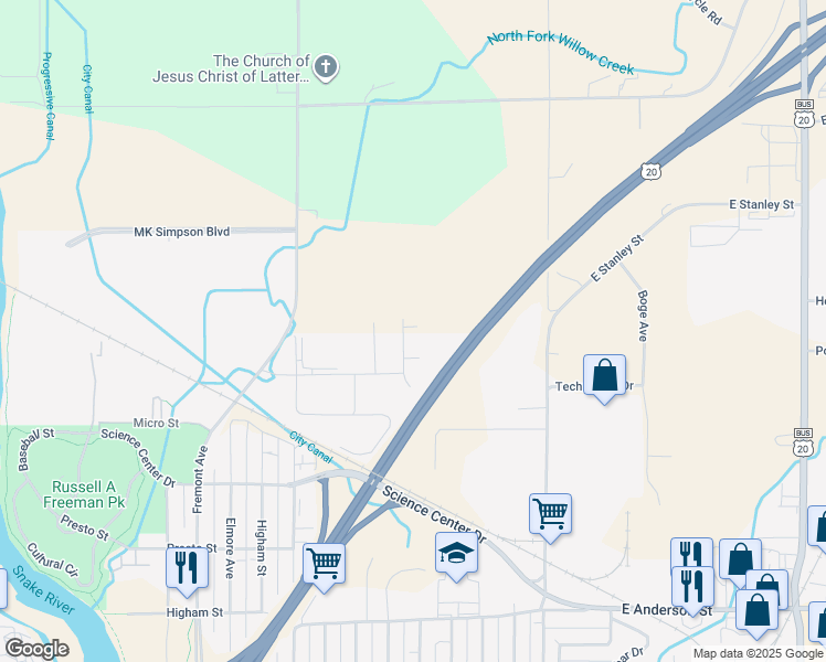 map of restaurants, bars, coffee shops, grocery stores, and more near 2619 Prospect Drive in Idaho Falls