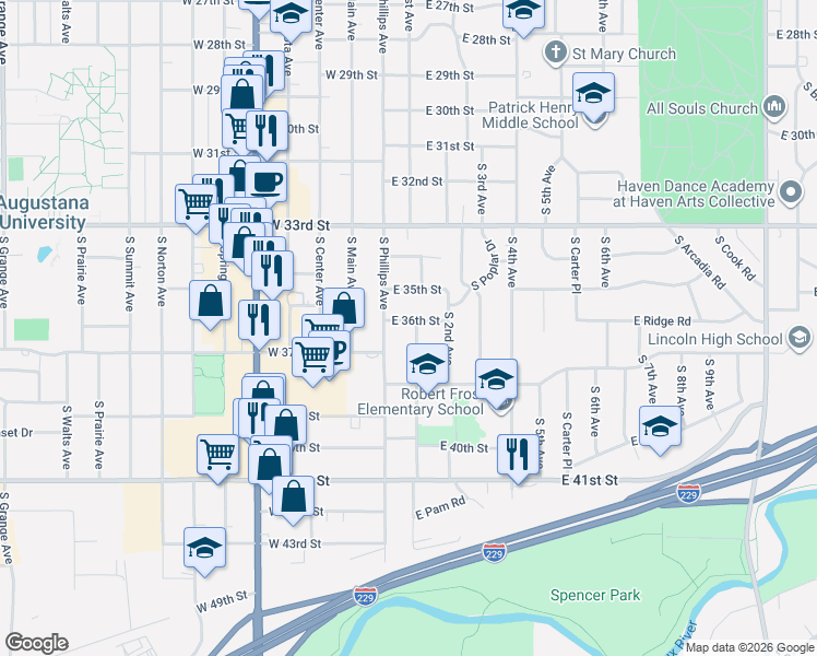 map of restaurants, bars, coffee shops, grocery stores, and more near 100 East 36th Street in Sioux Falls
