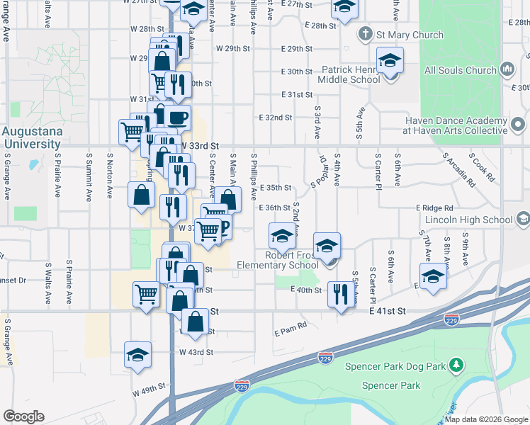map of restaurants, bars, coffee shops, grocery stores, and more near 100 East 36th Street in Sioux Falls