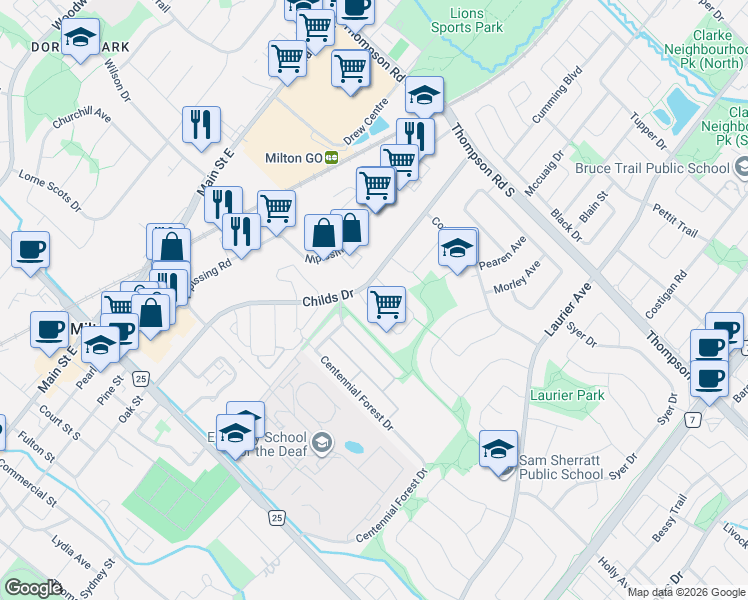 map of restaurants, bars, coffee shops, grocery stores, and more near 711 Childs Drive in Milton