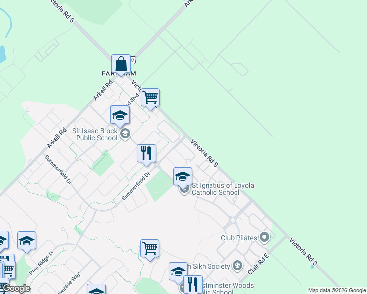 map of restaurants, bars, coffee shops, grocery stores, and more near 255 Summerfield Drive in Guelph