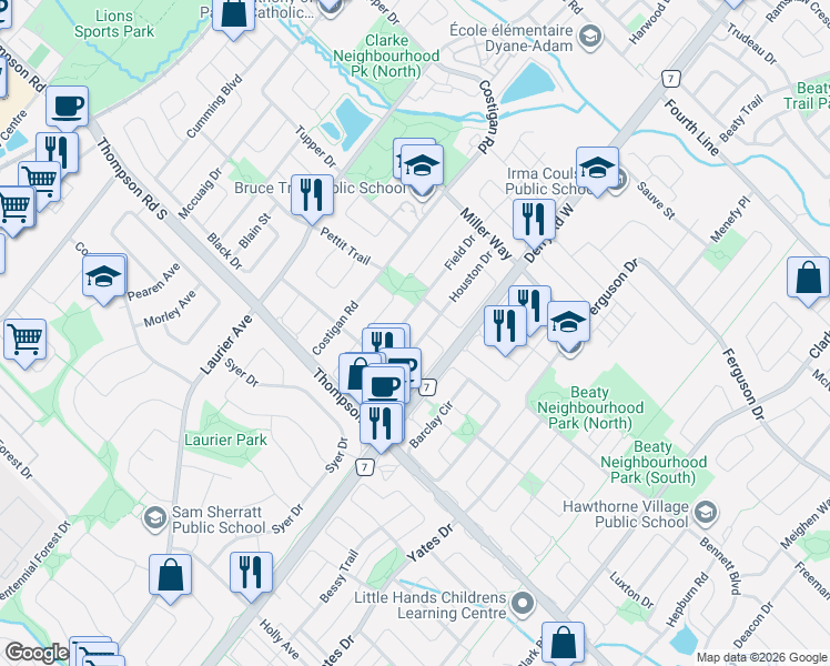 map of restaurants, bars, coffee shops, grocery stores, and more near 1141 Houston Drive in Milton
