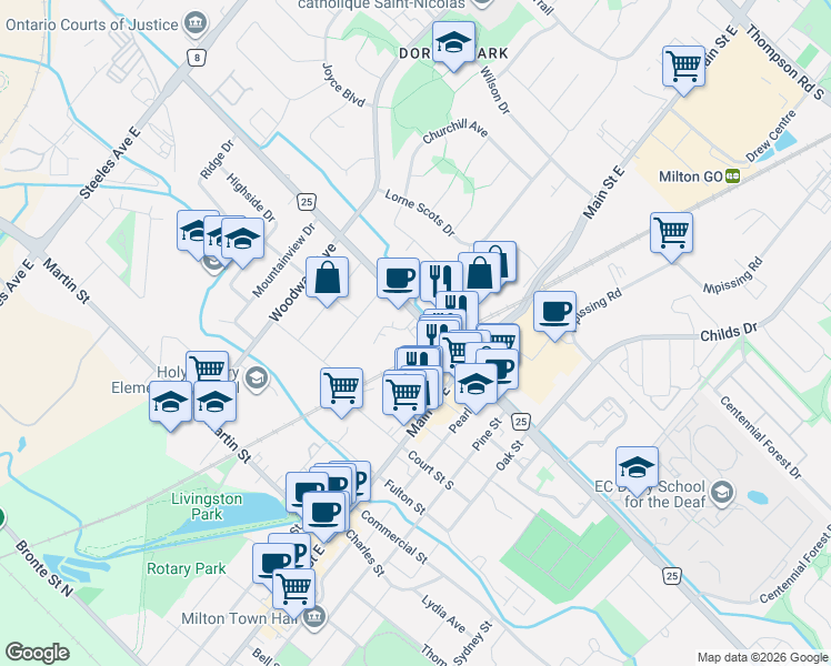 map of restaurants, bars, coffee shops, grocery stores, and more near 64 Ontario Street North in Milton