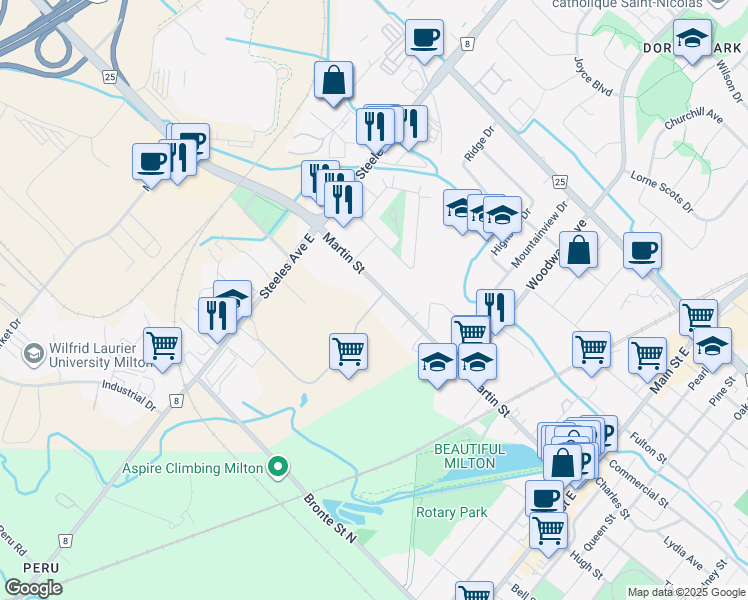 map of restaurants, bars, coffee shops, grocery stores, and more near 314 Martin Street in Milton