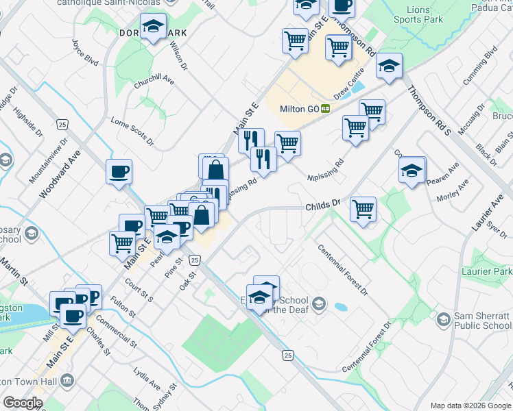 map of restaurants, bars, coffee shops, grocery stores, and more near 561 Childs Drive in Milton
