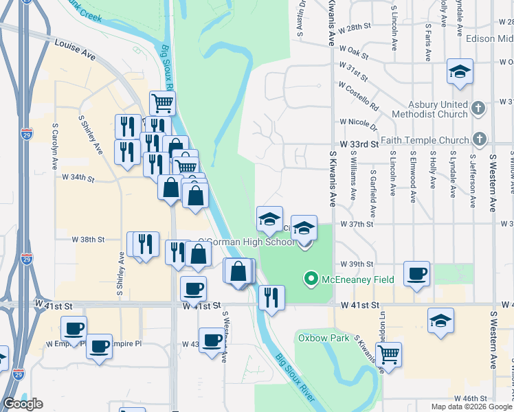 map of restaurants, bars, coffee shops, grocery stores, and more near 2825 South Ridgeview Way in Sioux Falls