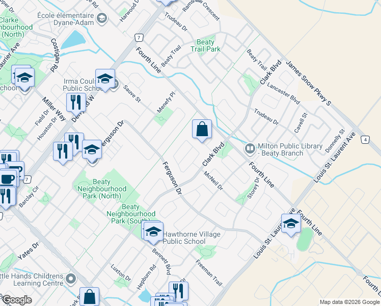 map of restaurants, bars, coffee shops, grocery stores, and more near 1422 McDermott Way in Milton