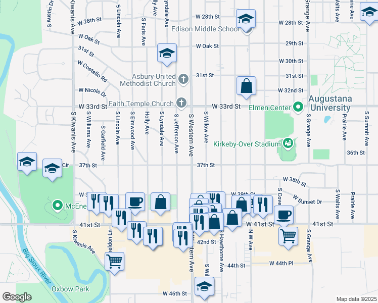 map of restaurants, bars, coffee shops, grocery stores, and more near 2901 South Western Avenue in Sioux Falls