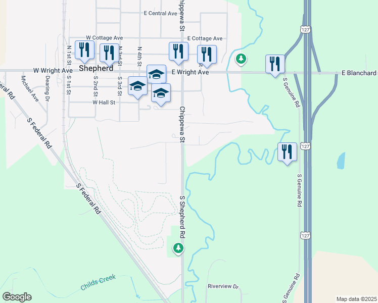 map of restaurants, bars, coffee shops, grocery stores, and more near 268-298 Schoolcrest Drive in Shepherd