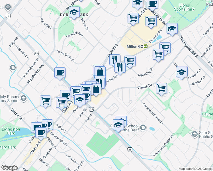 map of restaurants, bars, coffee shops, grocery stores, and more near 70 Nipissing Road in Milton