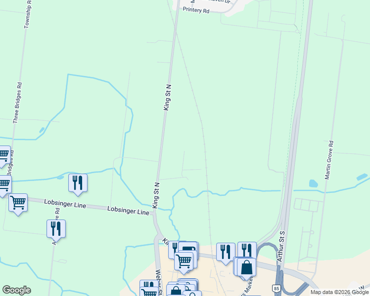 map of restaurants, bars, coffee shops, grocery stores, and more near 926 King Street North in St. Jacobs