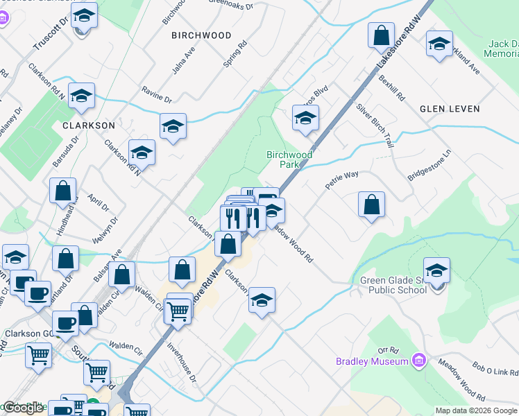 map of restaurants, bars, coffee shops, grocery stores, and more near 1651 Lakeshore Road West in Mississauga