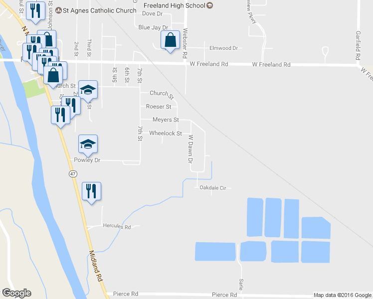 map of restaurants, bars, coffee shops, grocery stores, and more near 530 West Dawn Drive in Freeland
