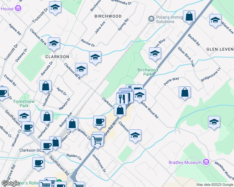 map of restaurants, bars, coffee shops, grocery stores, and more near 1713 Pengilley Place in Mississauga