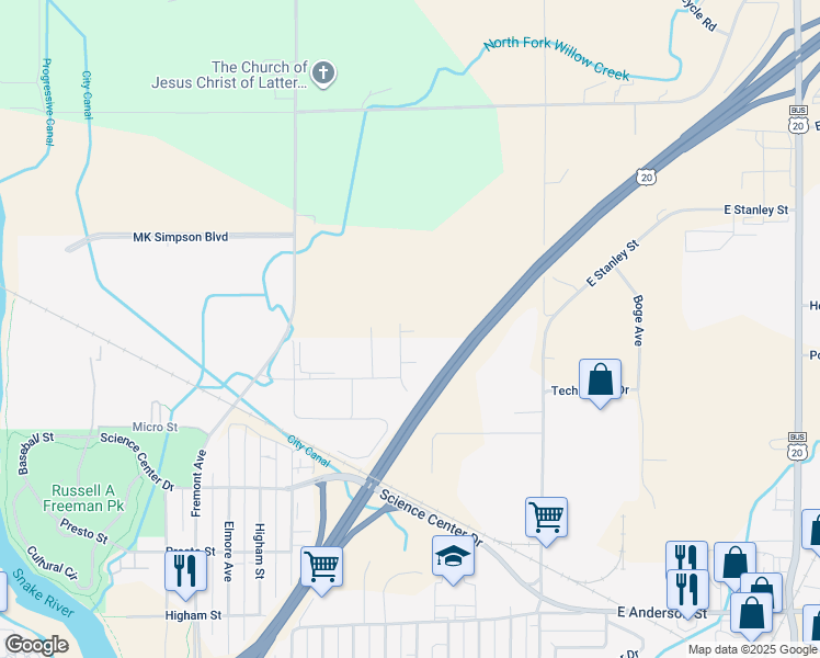 map of restaurants, bars, coffee shops, grocery stores, and more near 2619 Prospect Drive in Idaho Falls