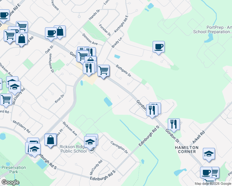 map of restaurants, bars, coffee shops, grocery stores, and more near 1077 Gordon Street in Guelph