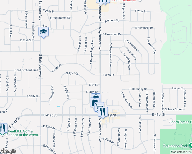 map of restaurants, bars, coffee shops, grocery stores, and more near 4328-4498 East 36th Street in Sioux Falls