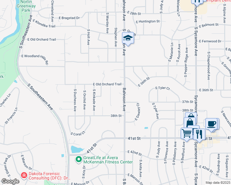 map of restaurants, bars, coffee shops, grocery stores, and more near 3501 East Apple Blossom Circle in Sioux Falls