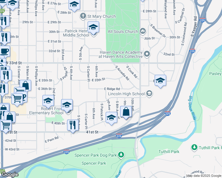 map of restaurants, bars, coffee shops, grocery stores, and more near 900-998 East Ridge Road in Sioux Falls