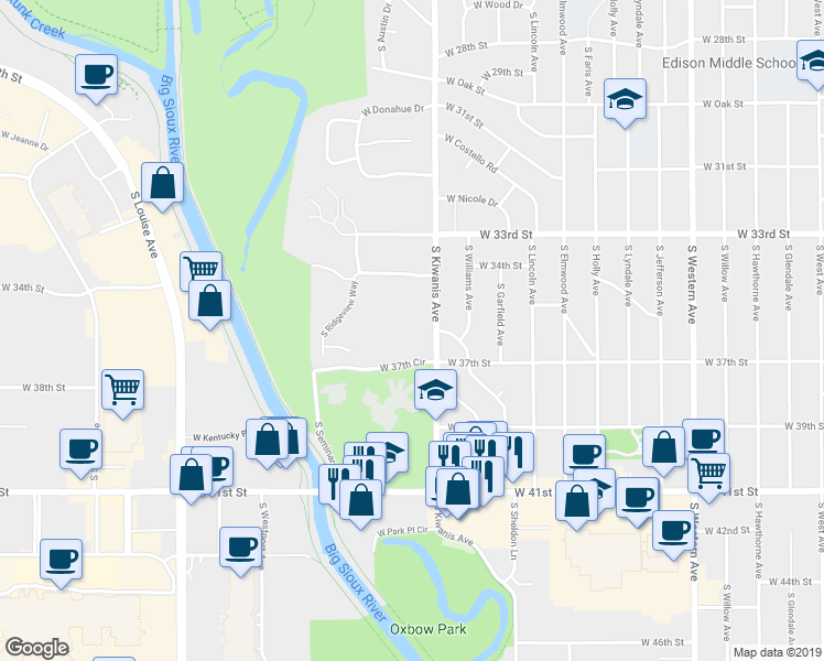 map of restaurants, bars, coffee shops, grocery stores, and more near 3010 West 37th Circle in Sioux Falls