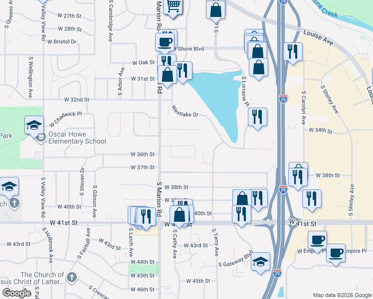 map of restaurants, bars, coffee shops, grocery stores, and more near 5001-5211 W Thurman Dr in Sioux Falls