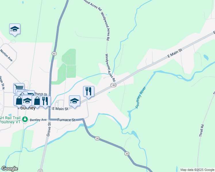 map of restaurants, bars, coffee shops, grocery stores, and more near 475 E Main St in Poultney