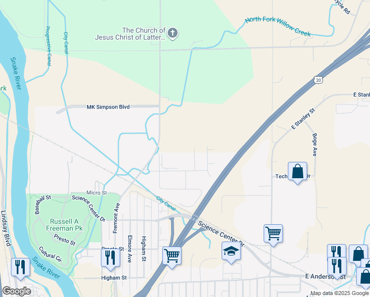 map of restaurants, bars, coffee shops, grocery stores, and more near 408 Energy Drive in Idaho Falls