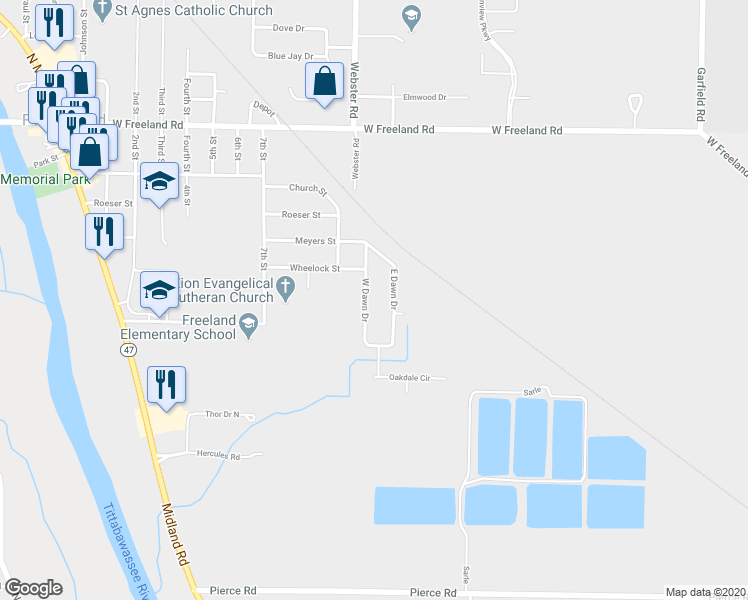 map of restaurants, bars, coffee shops, grocery stores, and more near 531 West Dawn Drive in Freeland