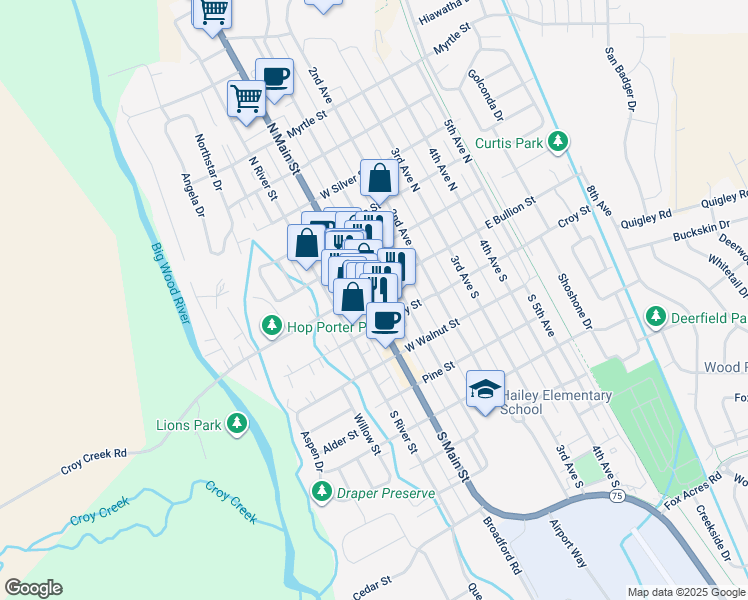 map of restaurants, bars, coffee shops, grocery stores, and more near in Hailey