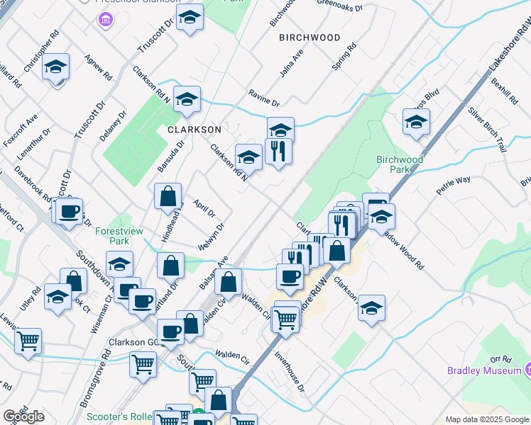 map of restaurants, bars, coffee shops, grocery stores, and more near 1770 Balsam Avenue in Mississauga