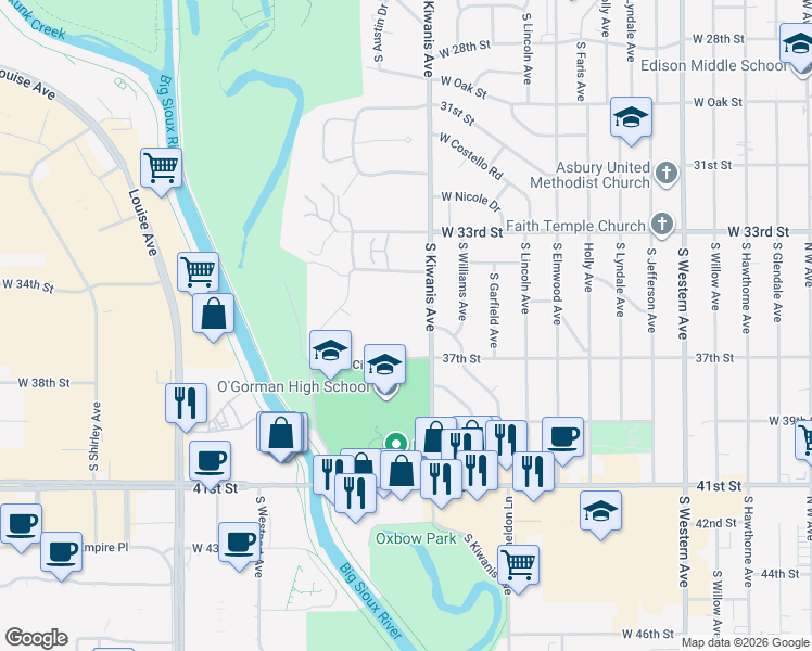 map of restaurants, bars, coffee shops, grocery stores, and more near 3010 West 37th Circle in Sioux Falls