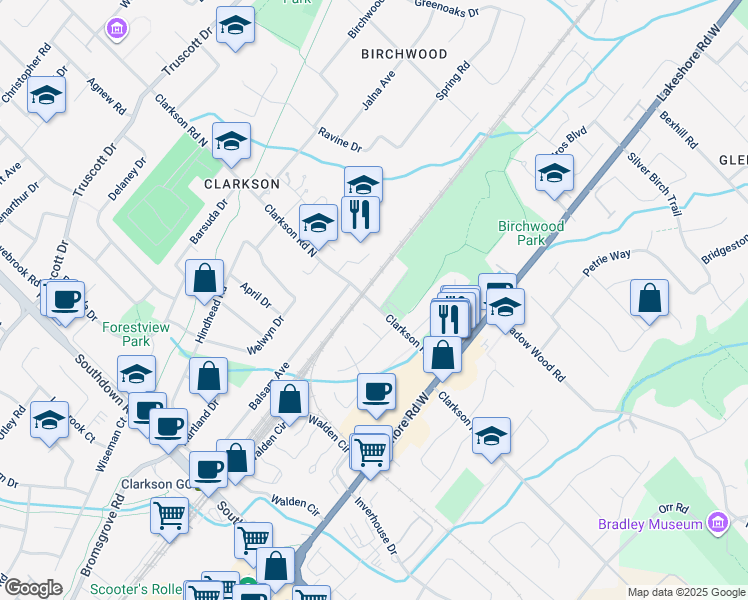map of restaurants, bars, coffee shops, grocery stores, and more near 1109 Clarkson Road North in Mississauga