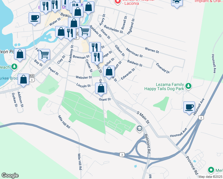 map of restaurants, bars, coffee shops, grocery stores, and more near 221 South Main Street in Laconia