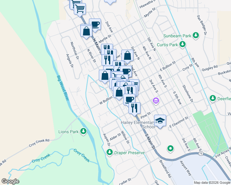 map of restaurants, bars, coffee shops, grocery stores, and more near 110 N River St in Hailey