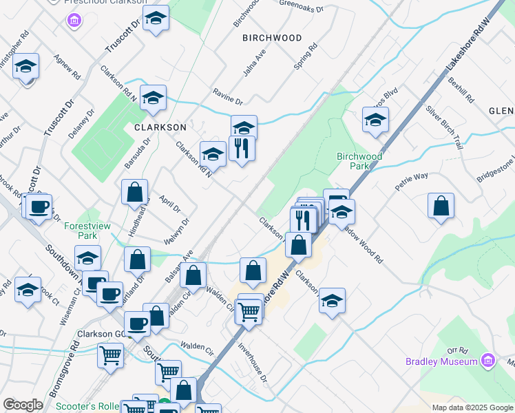 map of restaurants, bars, coffee shops, grocery stores, and more near 1111 Clarkson Road North in Mississauga