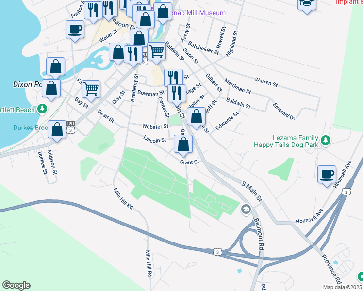 map of restaurants, bars, coffee shops, grocery stores, and more near 59 Garfield Street in Laconia