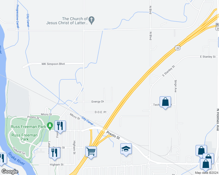 map of restaurants, bars, coffee shops, grocery stores, and more near 2619 Prospect Drive in Idaho Falls