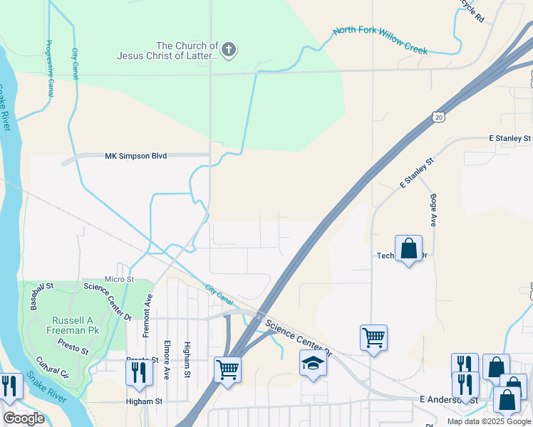 map of restaurants, bars, coffee shops, grocery stores, and more near 2619 Prospect Drive in Idaho Falls