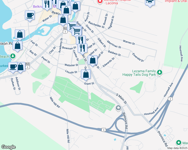 map of restaurants, bars, coffee shops, grocery stores, and more near 221 South Main Street in Laconia