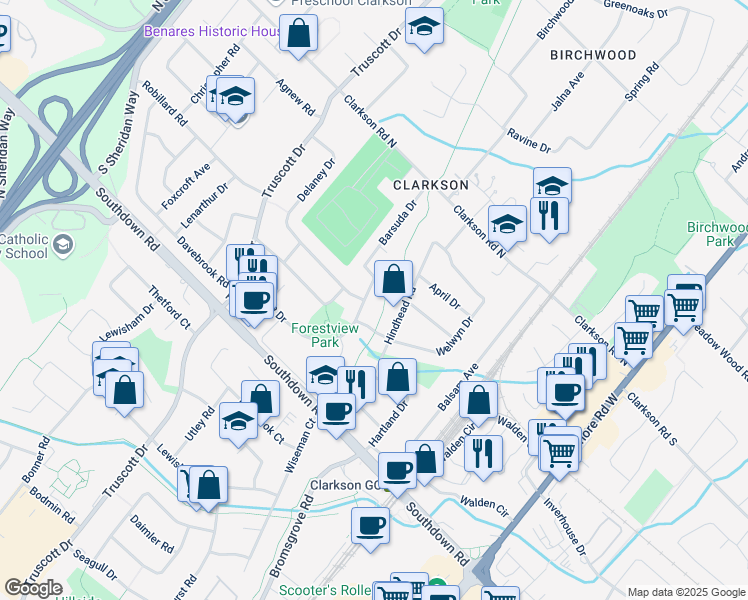 map of restaurants, bars, coffee shops, grocery stores, and more near in Mississauga