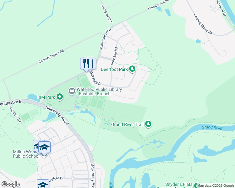 map of restaurants, bars, coffee shops, grocery stores, and more near 266 Chestnut Ridge in Waterloo